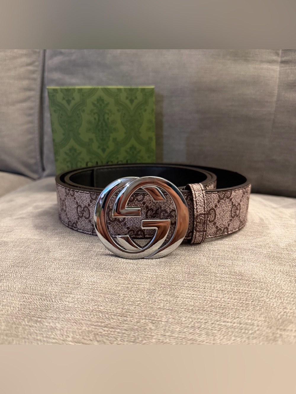 Gucci Men's GG Supreme Leather Belt in Beige Brown with Silver Buckle Size 130